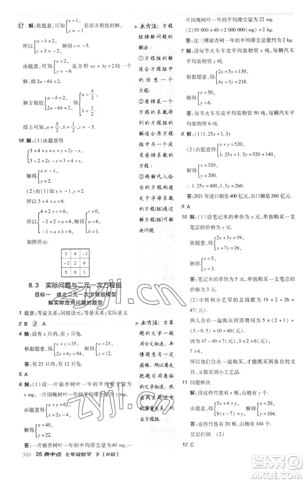 陜西人民教育出版社2023綜合應(yīng)用創(chuàng)新題典中點七年級數(shù)學(xué)下冊人教版參考答案