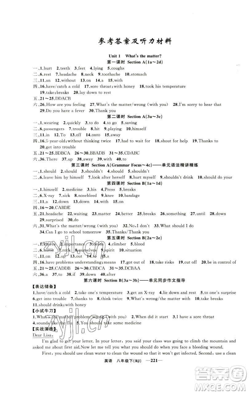 新疆青少年出版社2023四清導(dǎo)航八年級下冊英語人教版河南專版參考答案