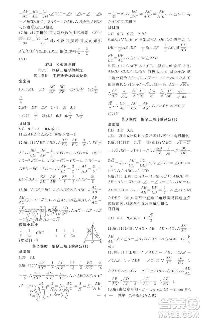 新疆青少年出版社2023四清導航九年級下冊數(shù)學人教版參考答案