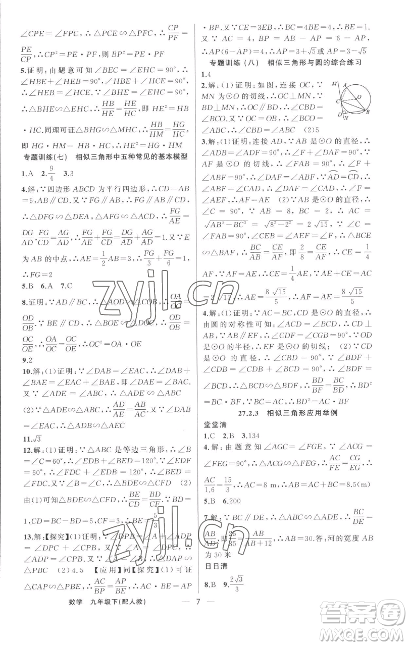 新疆青少年出版社2023四清導航九年級下冊數(shù)學人教版參考答案