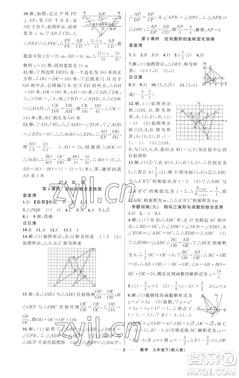 新疆青少年出版社2023四清導航九年級下冊數(shù)學人教版參考答案