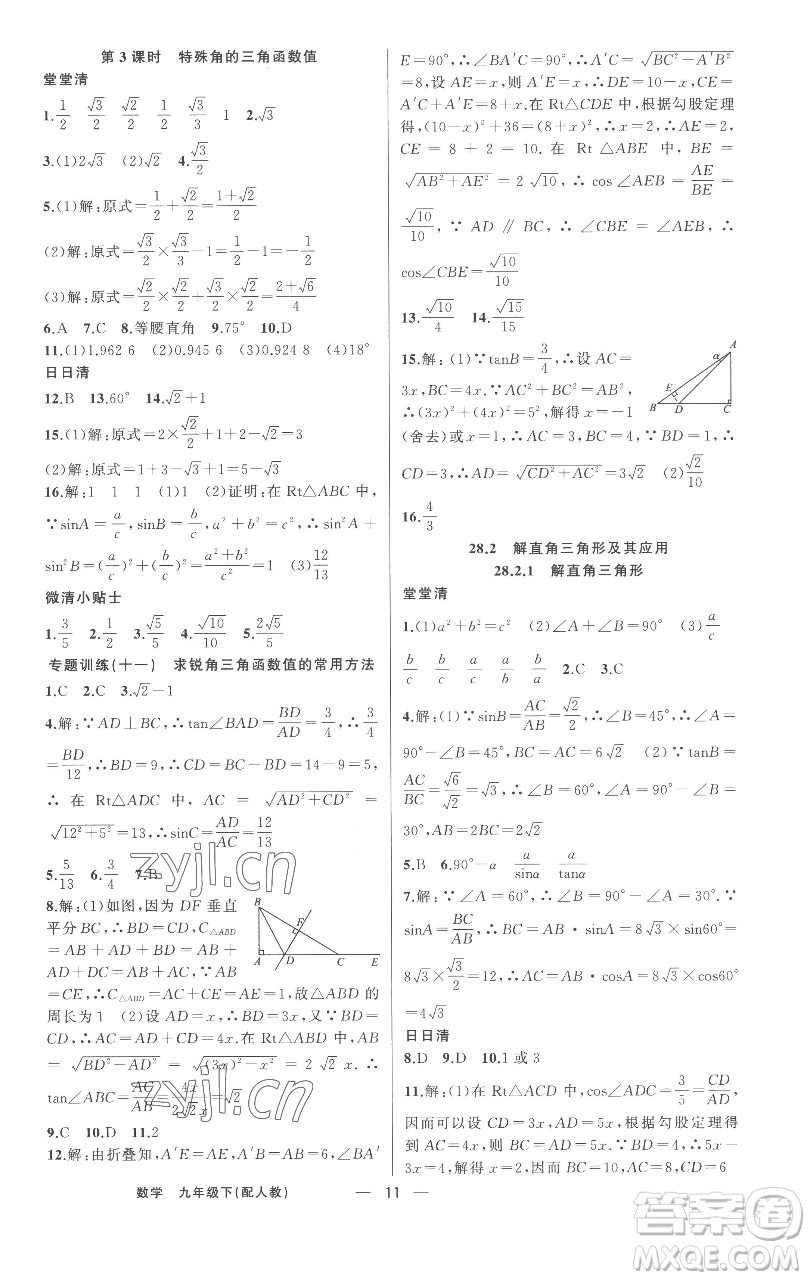 新疆青少年出版社2023四清導航九年級下冊數(shù)學人教版參考答案