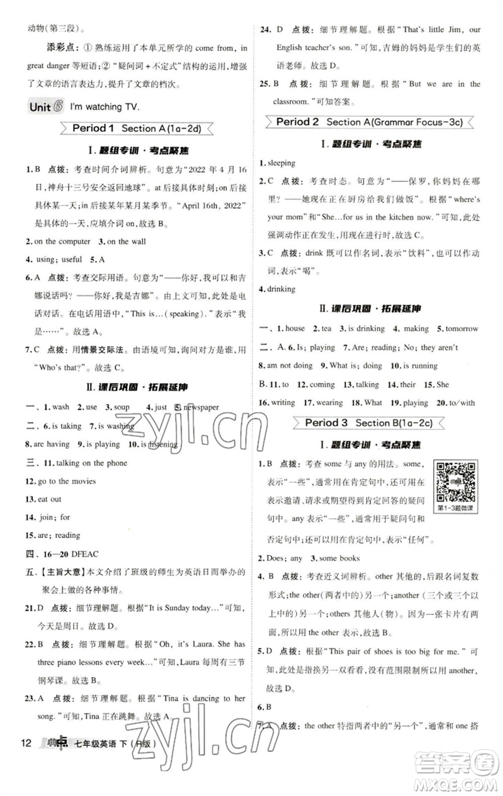 陜西人民教育出版社2023綜合應用創(chuàng)新題典中點七年級英語下冊人教版參考答案