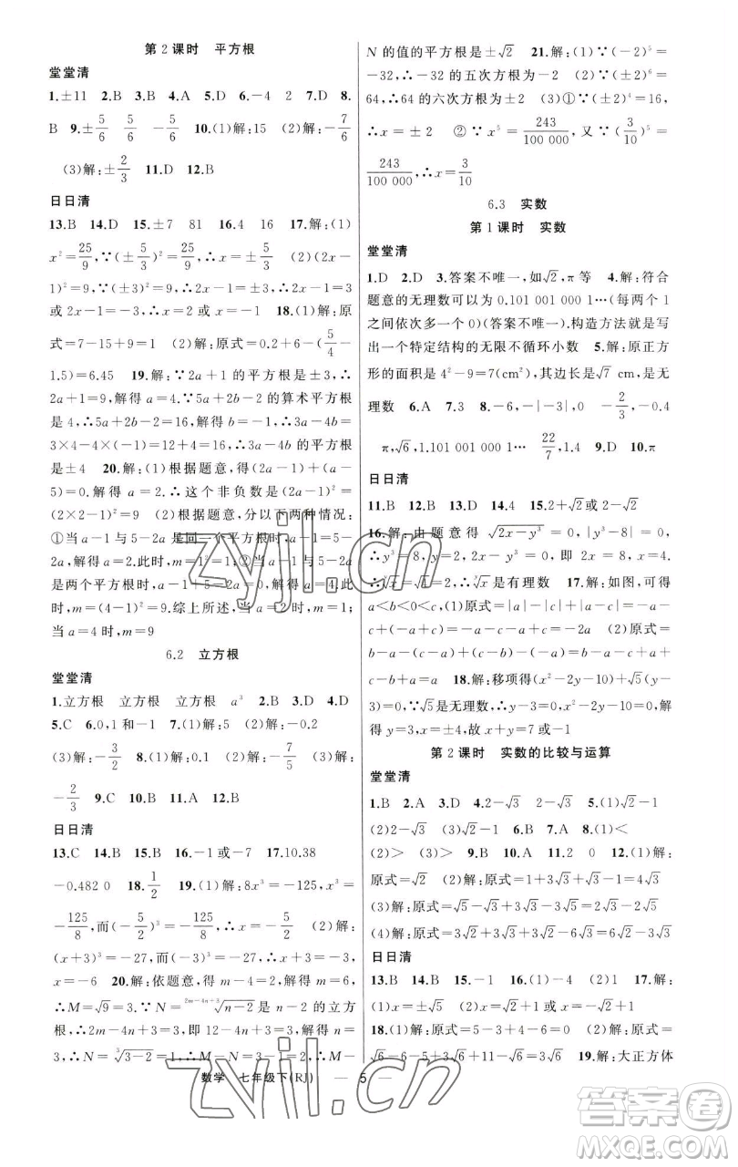 新疆青少年出版社2023四清導(dǎo)航七年級下冊數(shù)學人教版河南專版參考答案