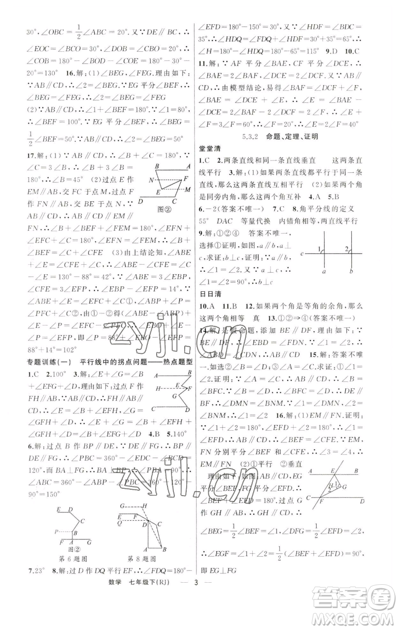 新疆青少年出版社2023四清導(dǎo)航七年級下冊數(shù)學人教版河南專版參考答案