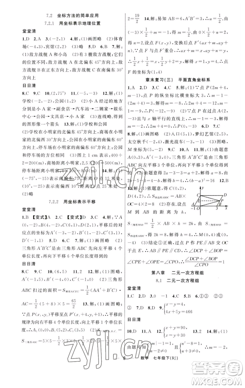 新疆青少年出版社2023四清導(dǎo)航七年級下冊數(shù)學人教版河南專版參考答案