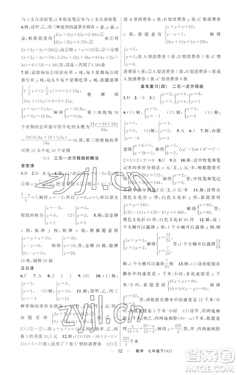 新疆青少年出版社2023四清導(dǎo)航七年級下冊數(shù)學人教版河南專版參考答案