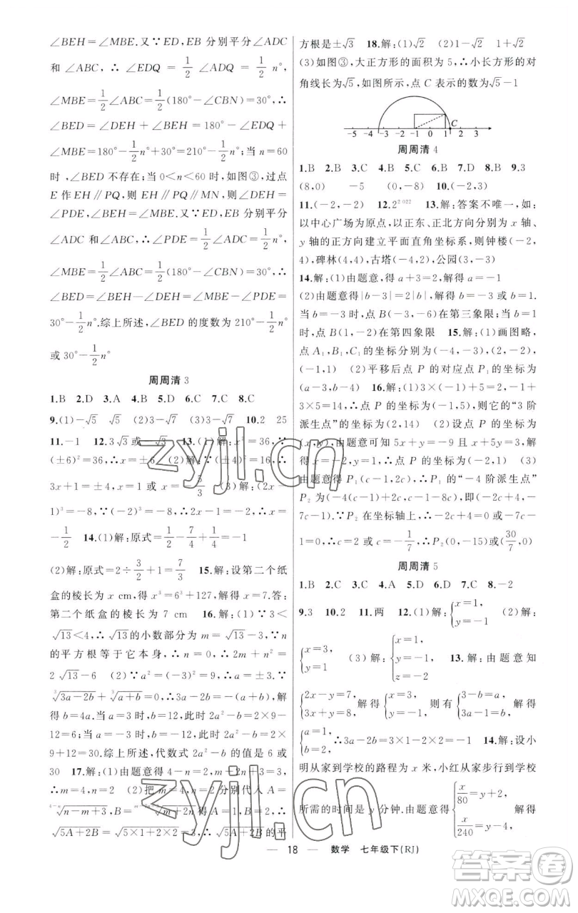 新疆青少年出版社2023四清導(dǎo)航七年級下冊數(shù)學人教版河南專版參考答案