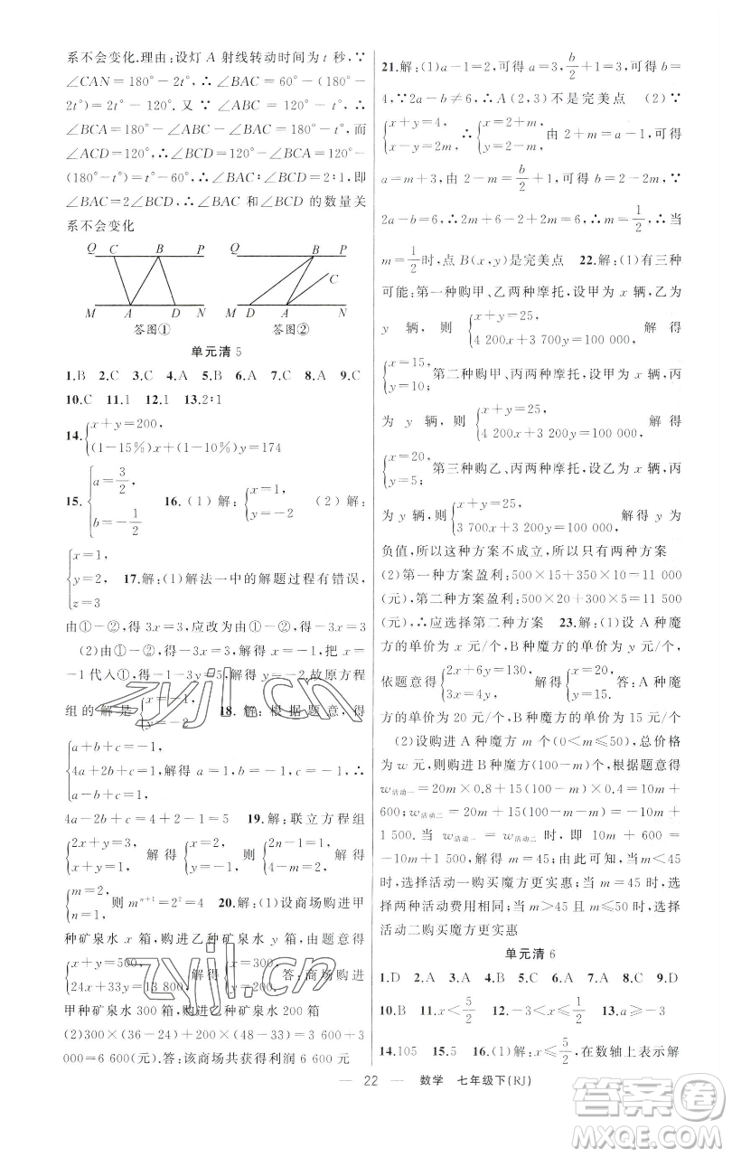 新疆青少年出版社2023四清導(dǎo)航七年級下冊數(shù)學人教版河南專版參考答案