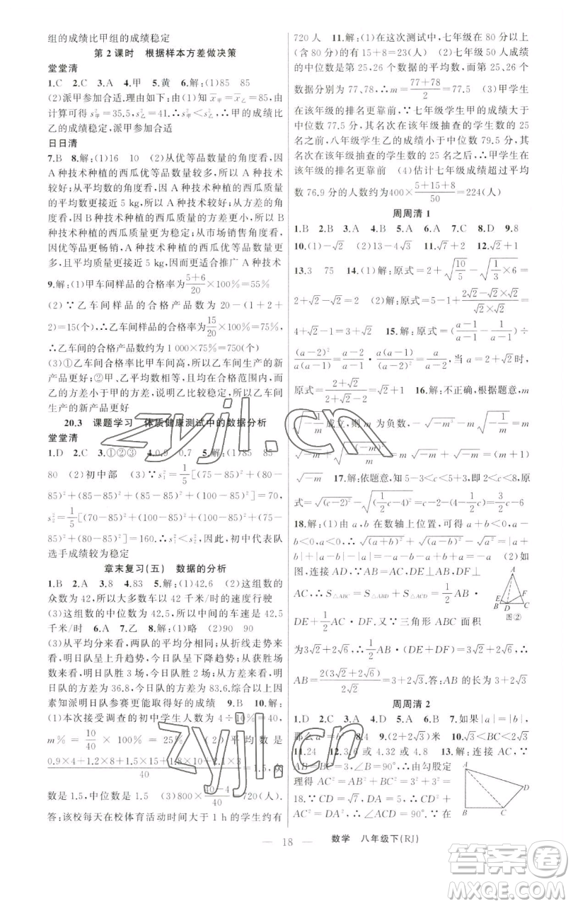 新疆青少年出版社2023四清導航八年級下冊數(shù)學人教版河南專版參考答案