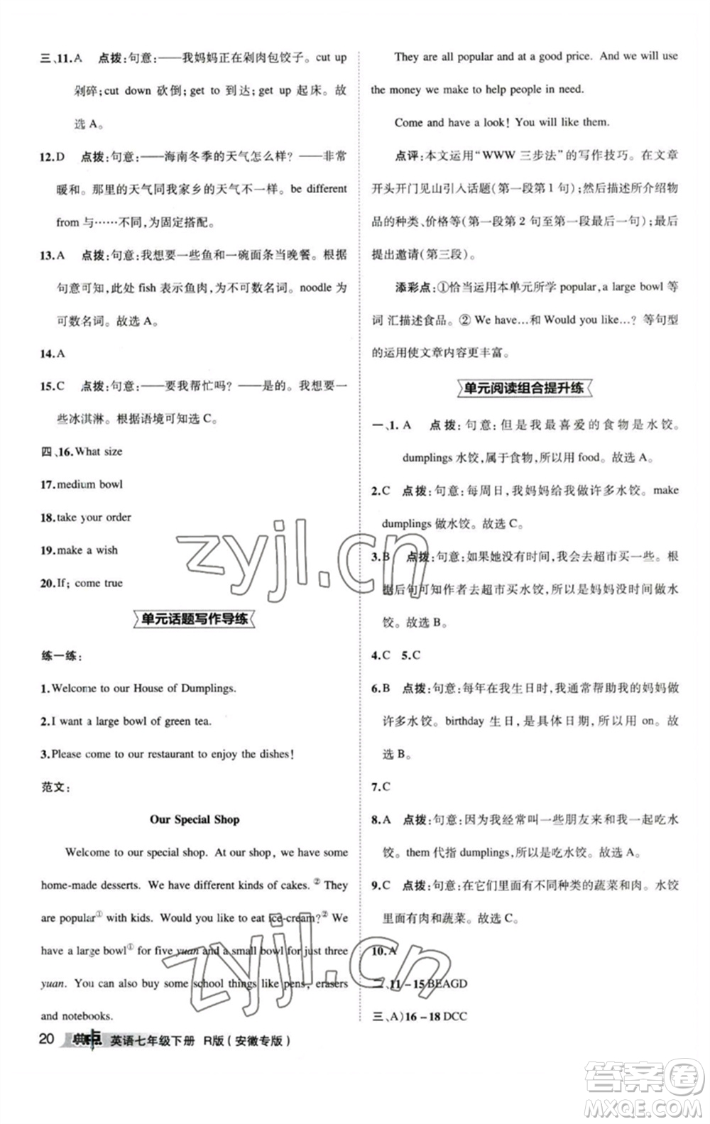 山西教育出版社2023綜合應用創(chuàng)新題典中點七年級英語下冊人教版安徽專版參考答案