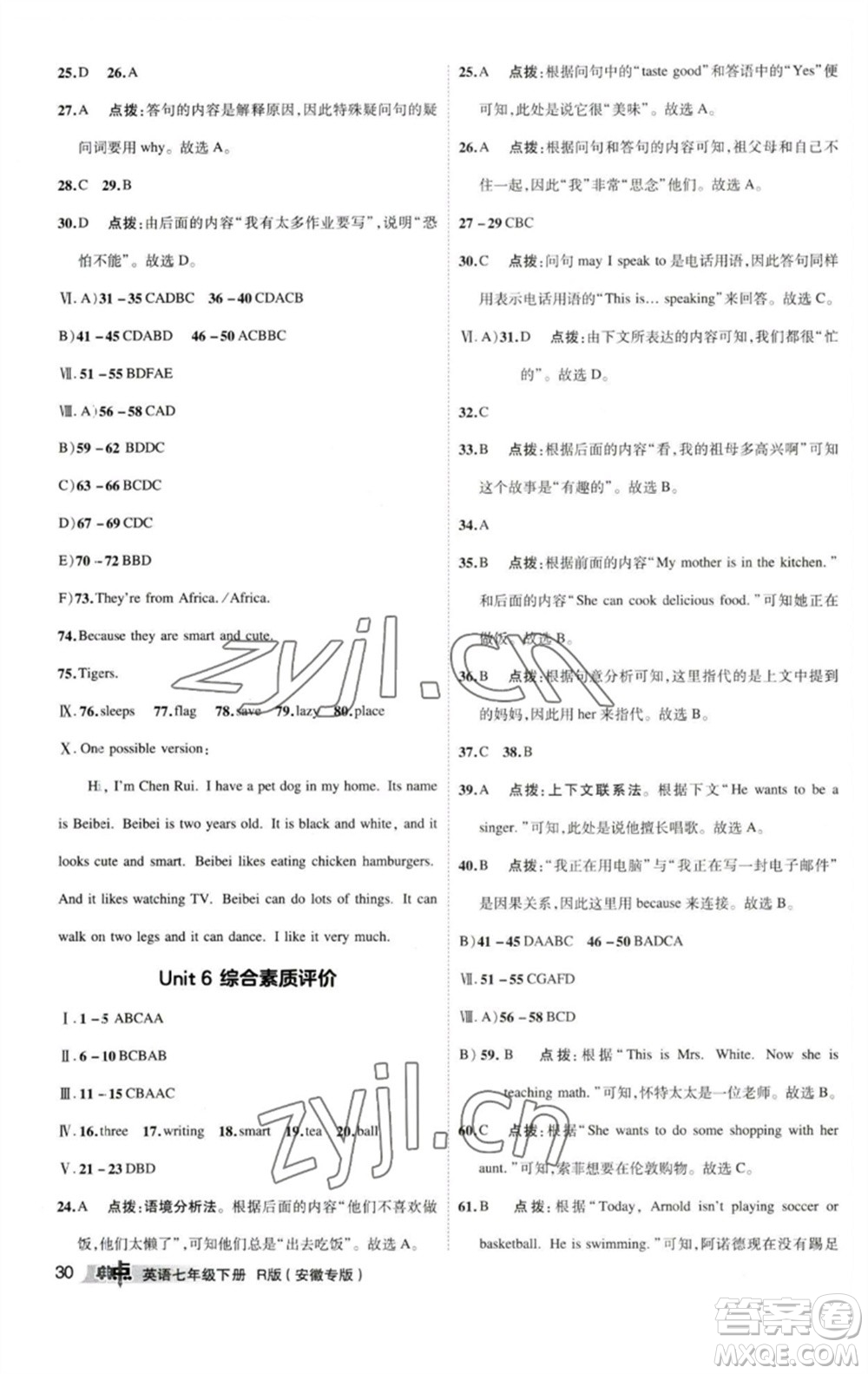 山西教育出版社2023綜合應用創(chuàng)新題典中點七年級英語下冊人教版安徽專版參考答案