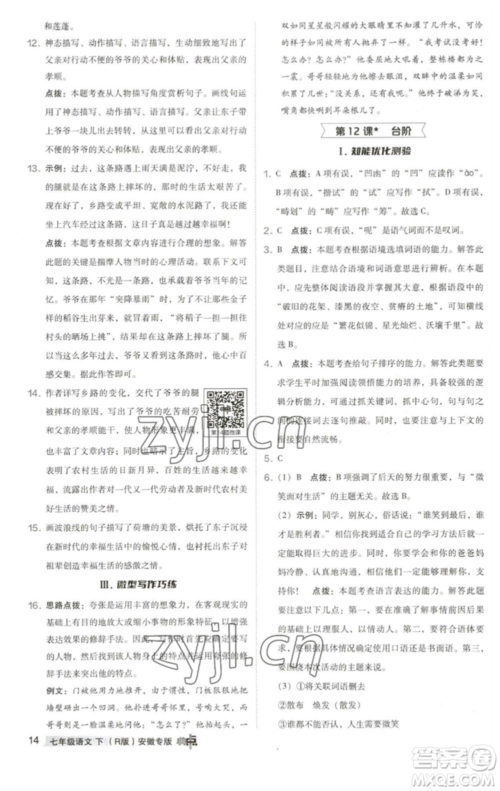 吉林教育出版社2023綜合應用創(chuàng)新題典中點七年級語文下冊人教版安徽專版參考答案