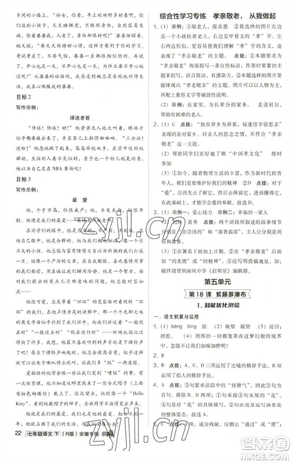 吉林教育出版社2023綜合應用創(chuàng)新題典中點七年級語文下冊人教版安徽專版參考答案