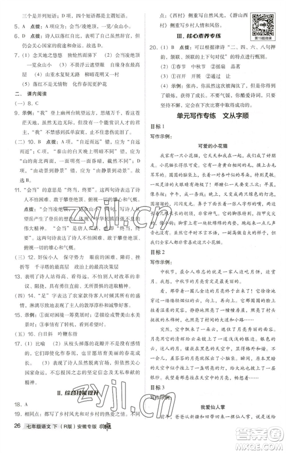 吉林教育出版社2023綜合應用創(chuàng)新題典中點七年級語文下冊人教版安徽專版參考答案