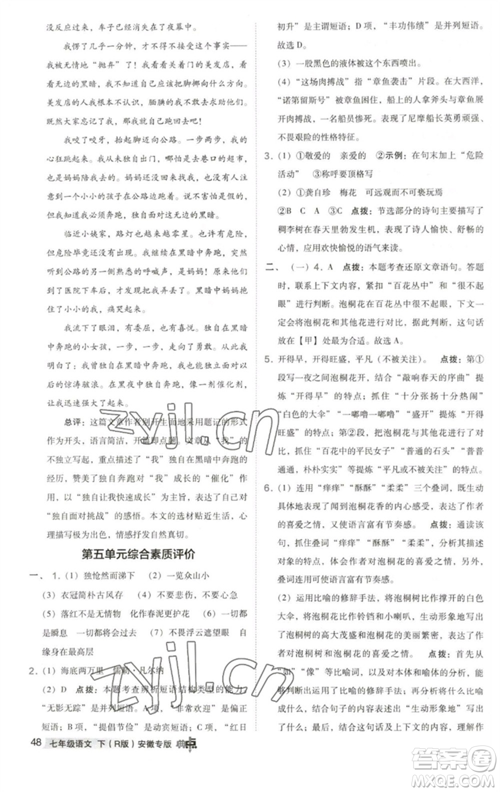 吉林教育出版社2023綜合應用創(chuàng)新題典中點七年級語文下冊人教版安徽專版參考答案