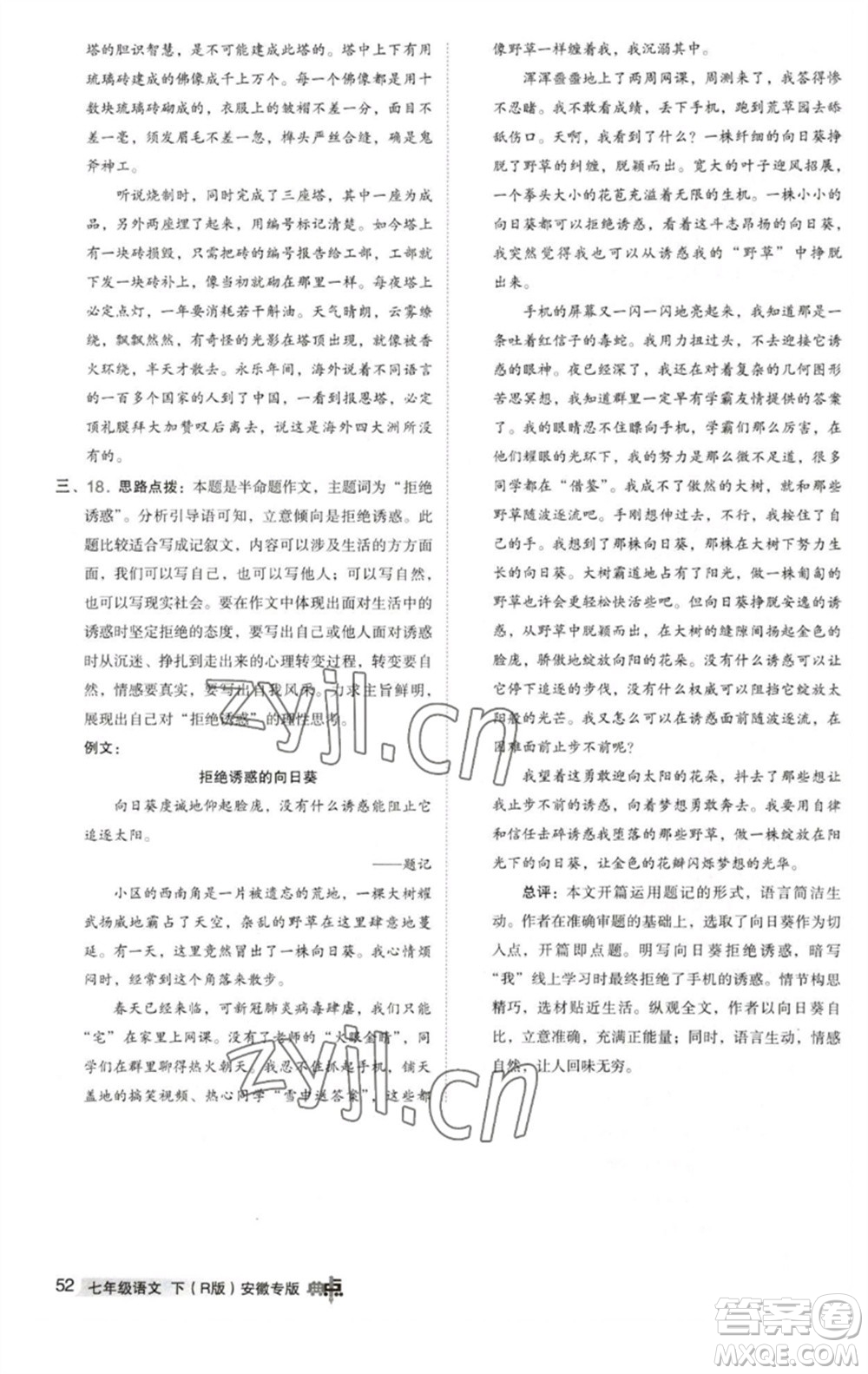 吉林教育出版社2023綜合應用創(chuàng)新題典中點七年級語文下冊人教版安徽專版參考答案