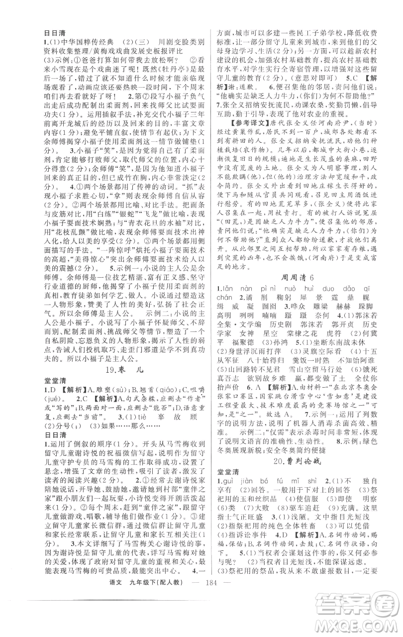 新疆青少年出版社2023四清導(dǎo)航九年級下冊語文人教版參考答案