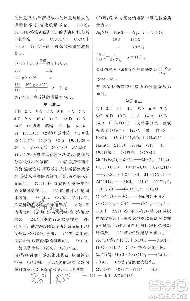 新疆青少年出版社2023四清導(dǎo)航九年級(jí)下冊(cè)化學(xué)人教版河南專版參考答案