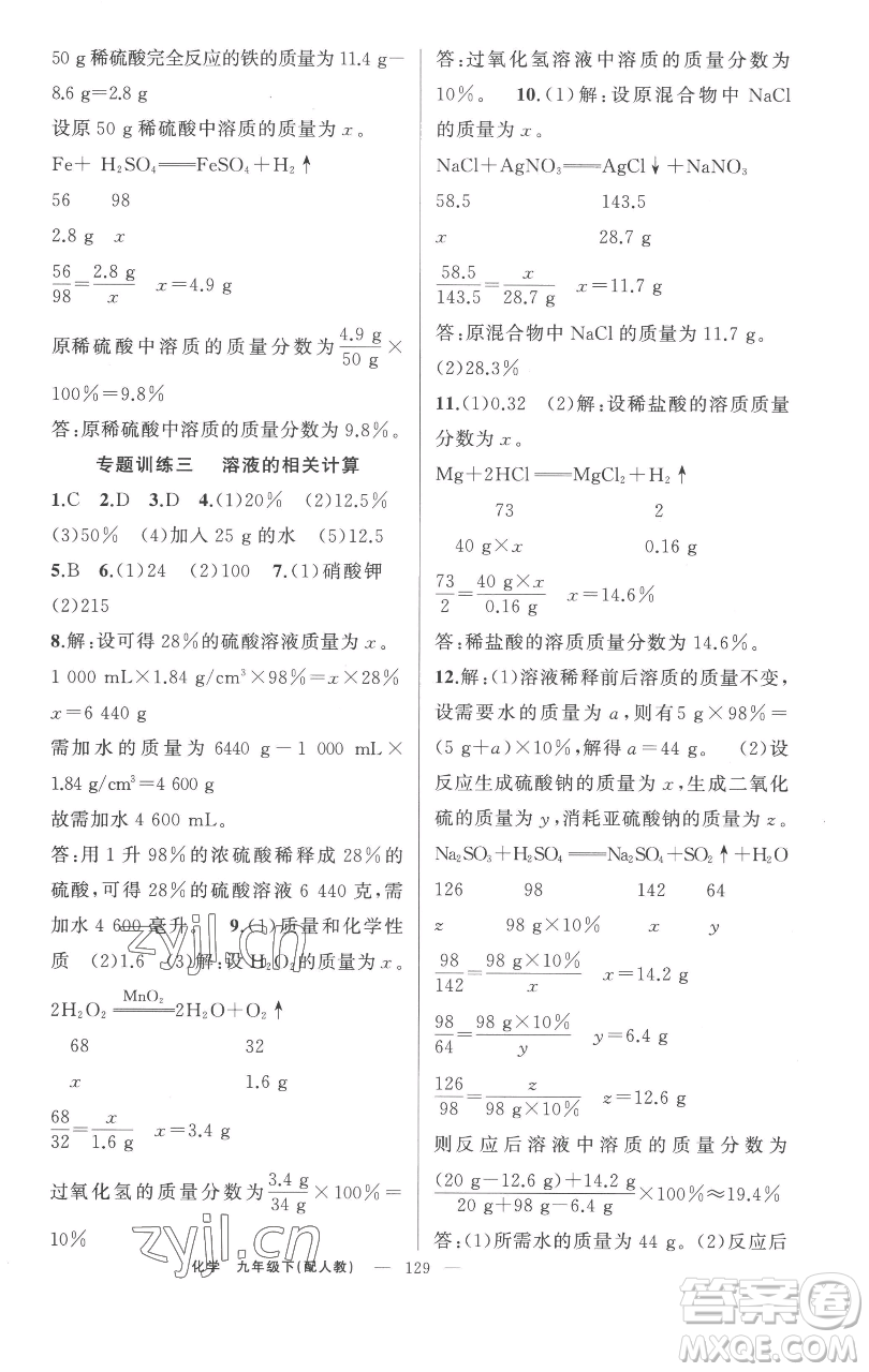 新疆青少年出版社2023四清導(dǎo)航九年級(jí)下冊(cè)化學(xué)人教版參考答案