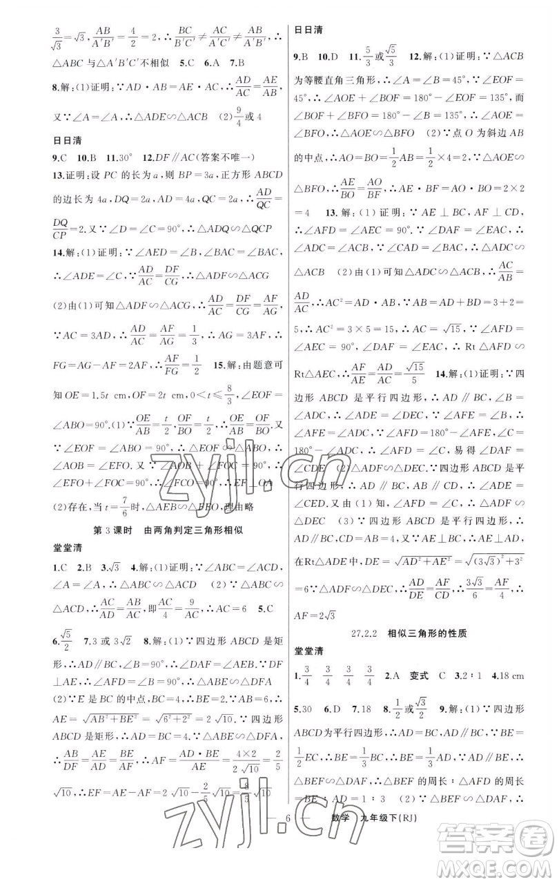 新疆青少年出版社2023四清導(dǎo)航九年級(jí)下冊(cè)數(shù)學(xué)人教版河南專版參考答案