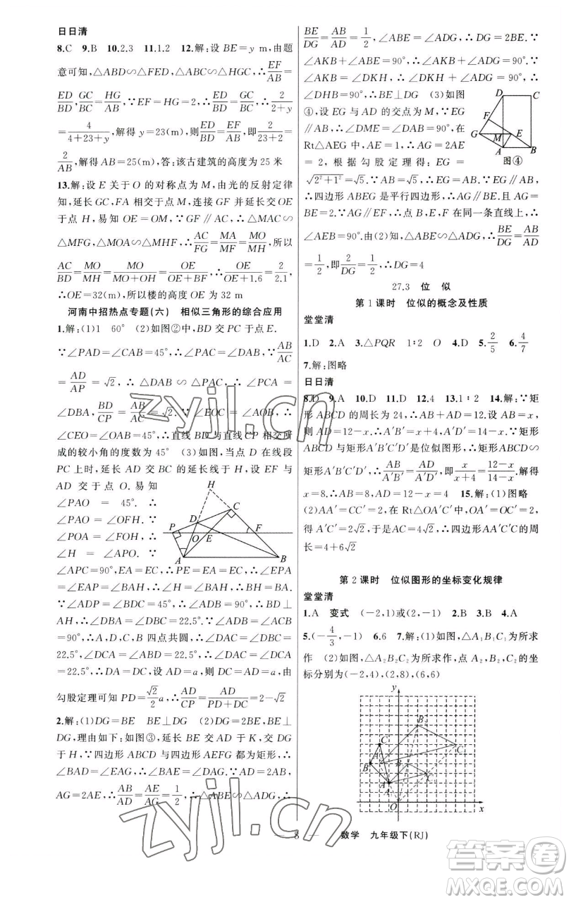 新疆青少年出版社2023四清導(dǎo)航九年級(jí)下冊(cè)數(shù)學(xué)人教版河南專版參考答案