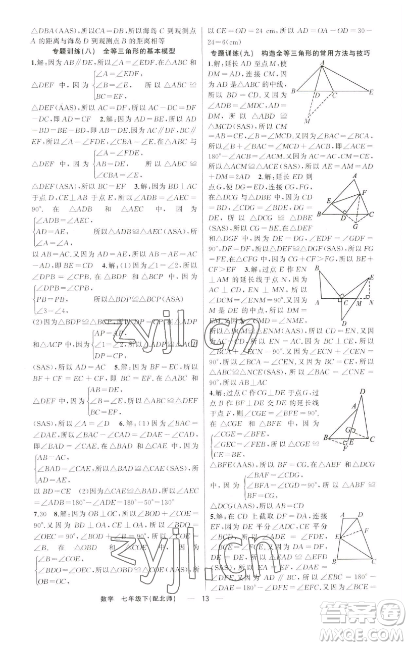 新疆青少年出版社2023四清導(dǎo)航七年級(jí)下冊(cè)數(shù)學(xué)北師大版參考答案