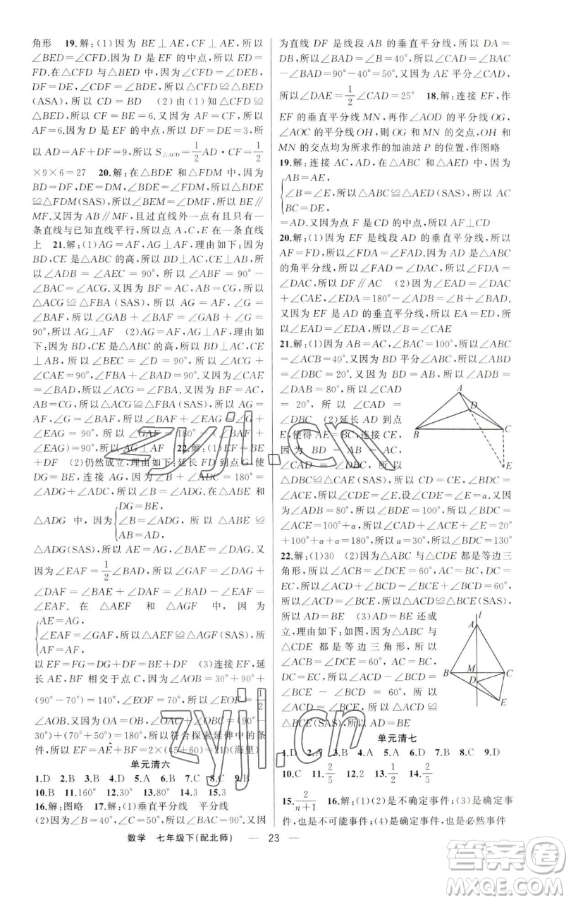 新疆青少年出版社2023四清導(dǎo)航七年級(jí)下冊(cè)數(shù)學(xué)北師大版參考答案