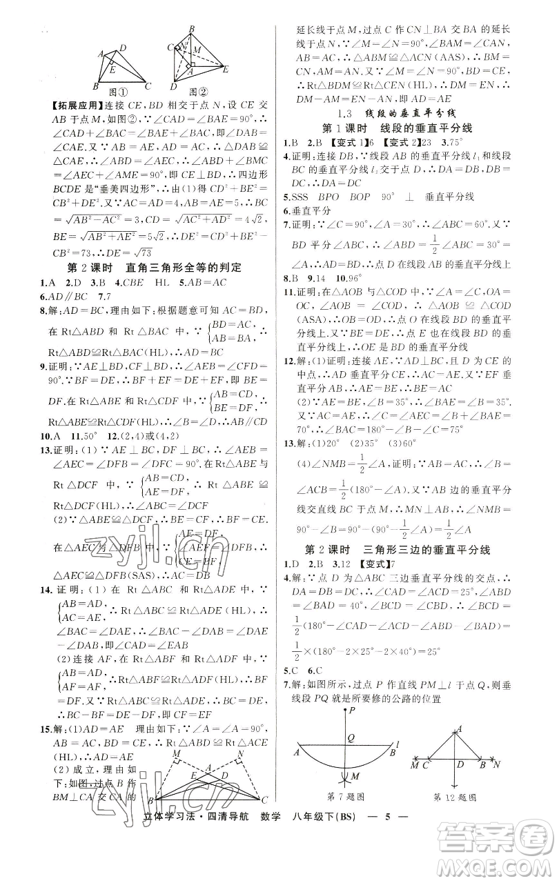 新疆青少年出版社2023四清導(dǎo)航八年級下冊數(shù)學北師大版遼寧專版參考答案