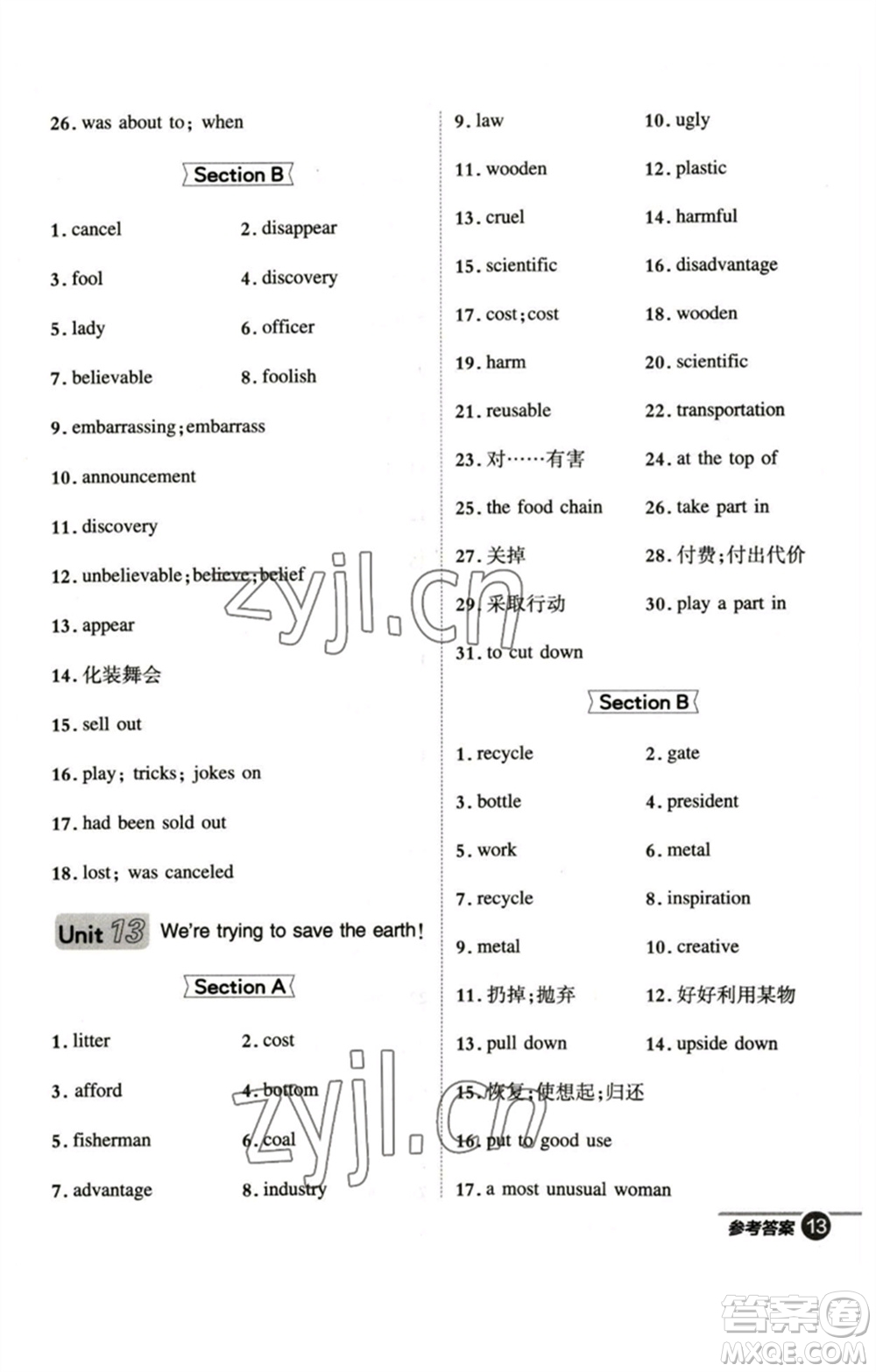 山西教育出版社2023綜合應(yīng)用創(chuàng)新題典中點(diǎn)九年級(jí)英語(yǔ)下冊(cè)人教版安徽專版參考答案