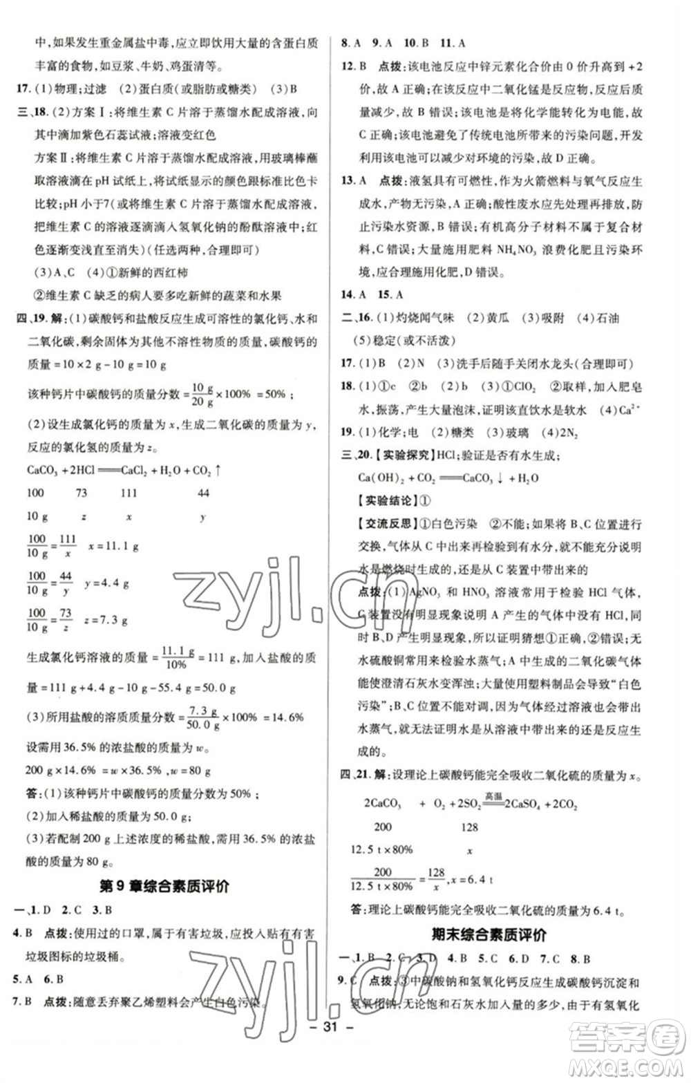 陜西人民教育出版社2023綜合應(yīng)用創(chuàng)新題典中點九年級化學(xué)下冊滬教版參考答案