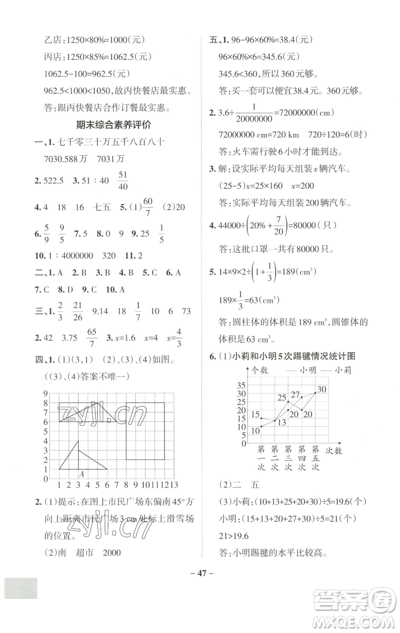 遼寧教育出版社2023小學(xué)學(xué)霸作業(yè)本六年級下冊數(shù)學(xué)人教版參考答案