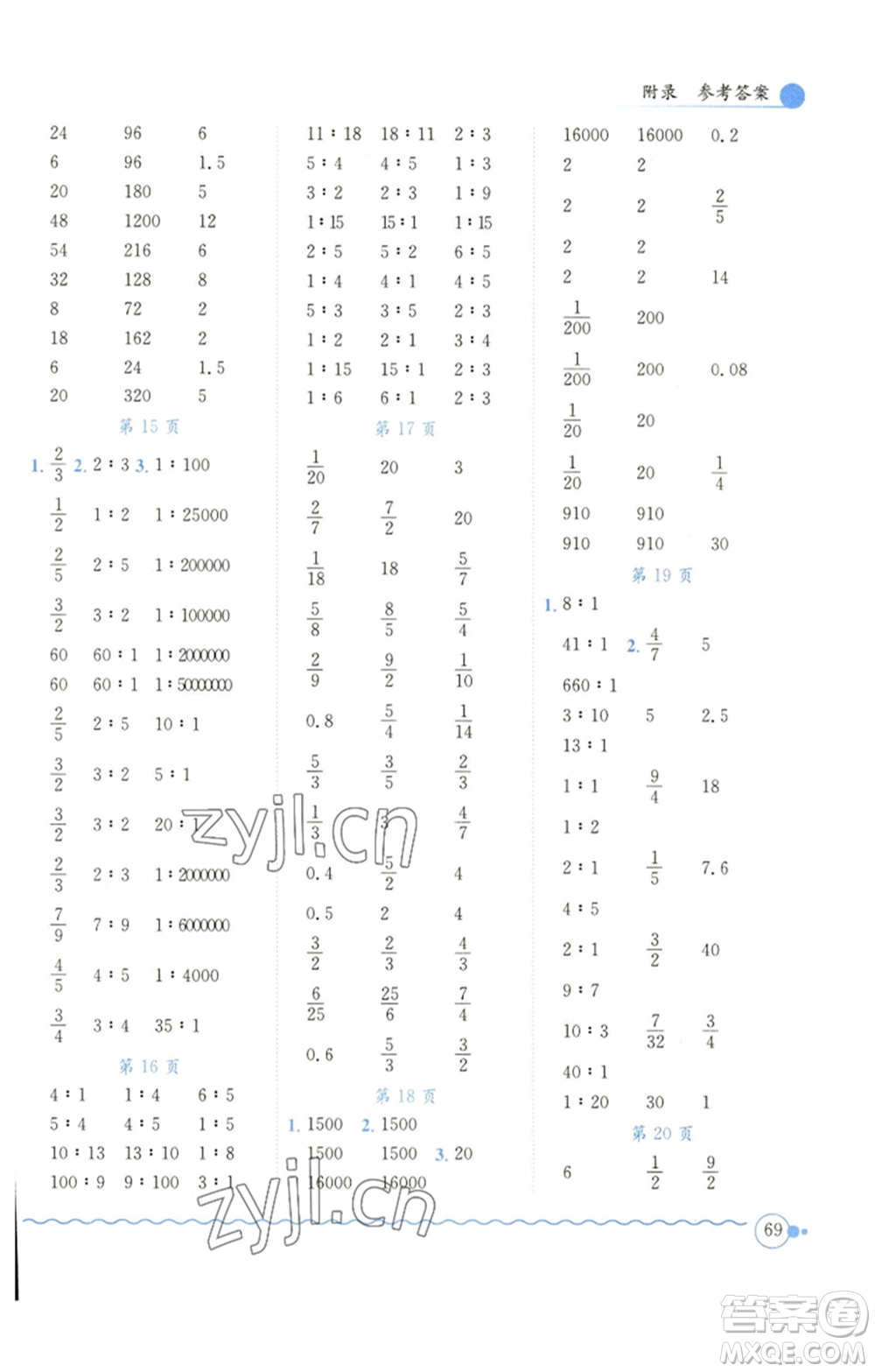 龍門書局2023黃岡小狀元口算速算練習(xí)冊六年級數(shù)學(xué)下冊北師大版參考答案