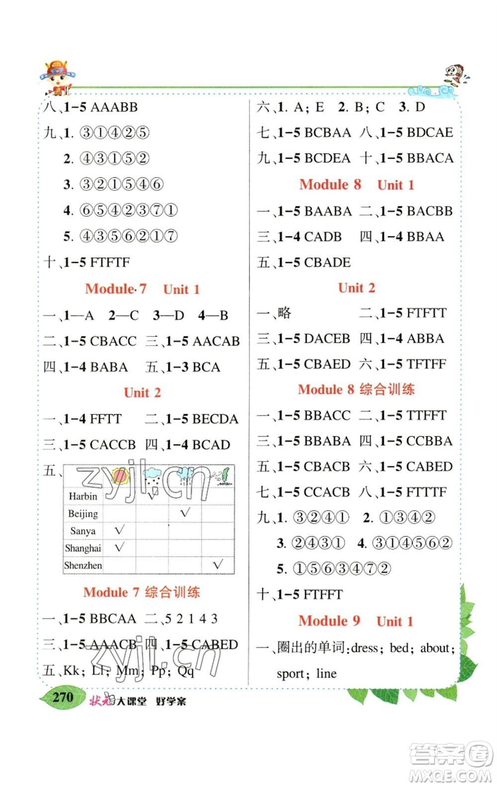 長江出版社2023春季狀元成才路狀元大課堂三年級英語下冊外研版參考答案