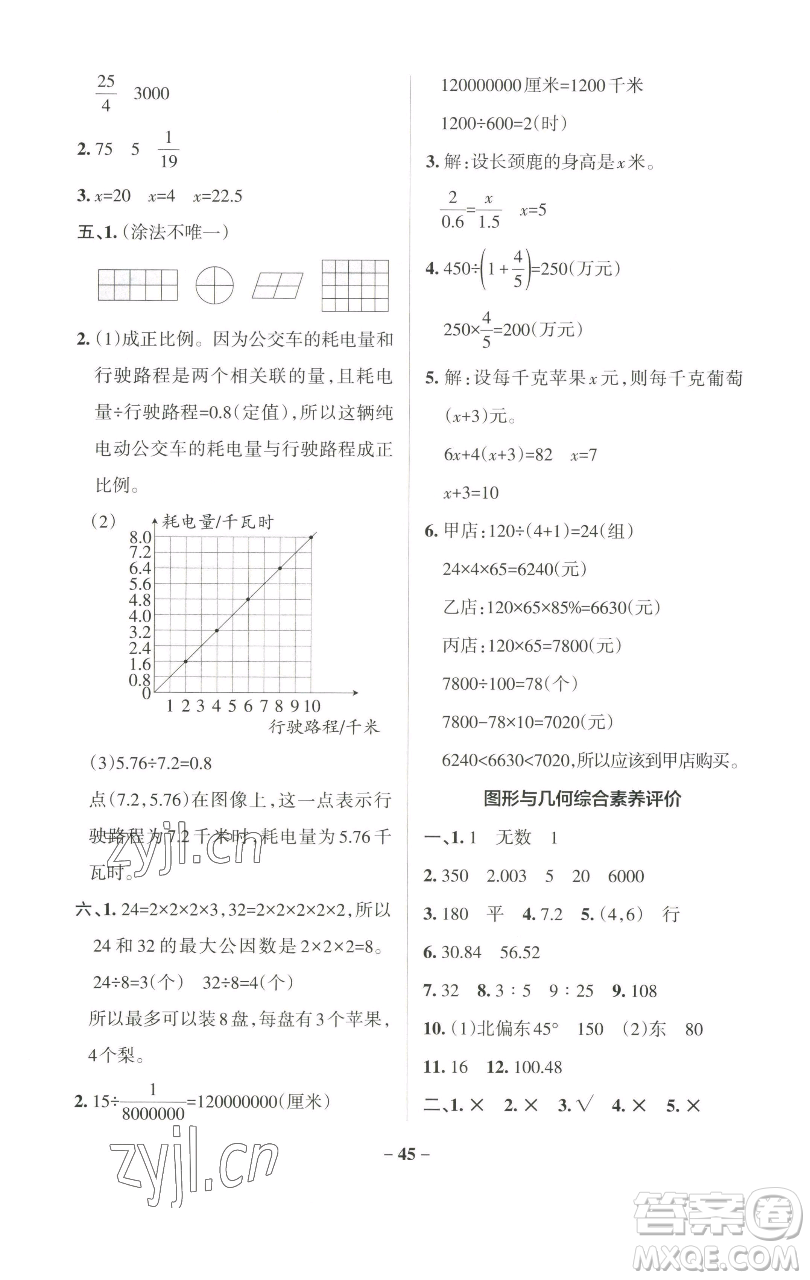 遼寧教育出版社2023小學(xué)學(xué)霸作業(yè)本六年級(jí)下冊(cè)數(shù)學(xué)蘇教版參考答案