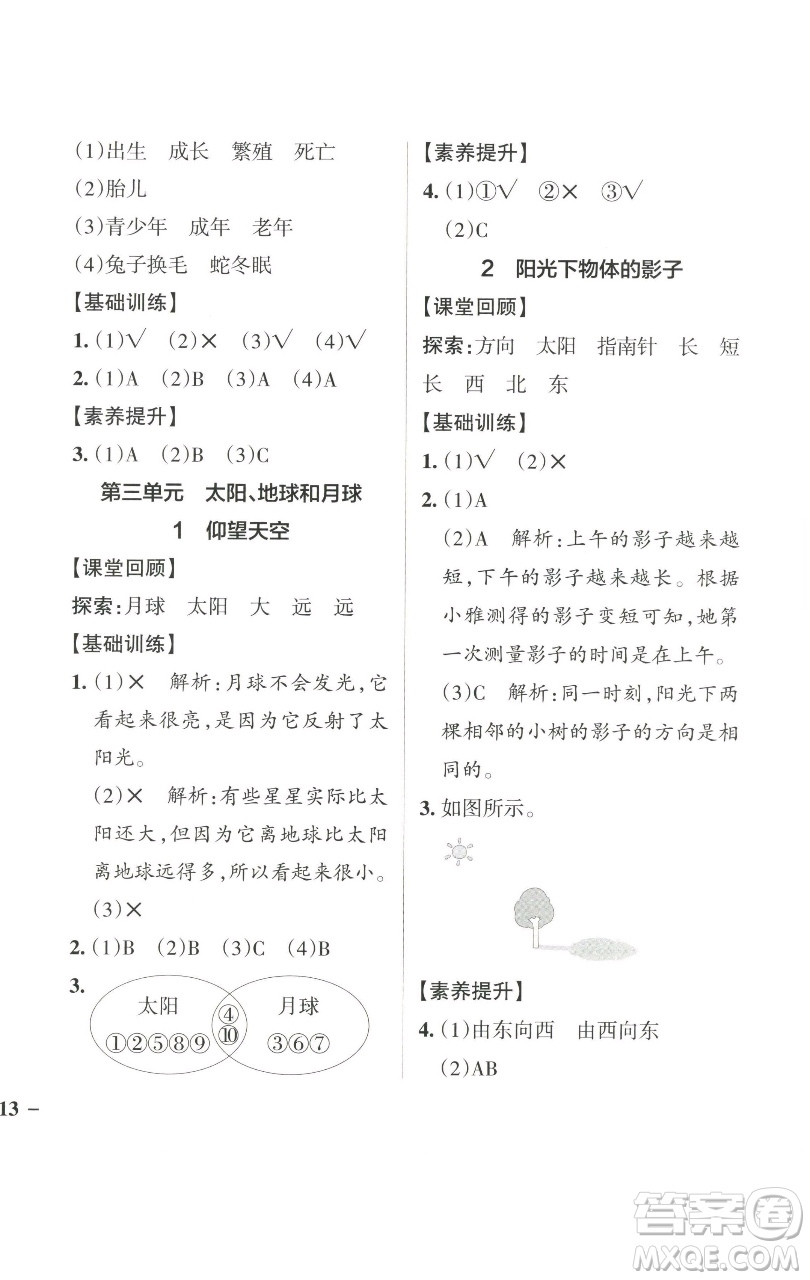 遼寧教育出版社2023小學(xué)學(xué)霸作業(yè)本三年級下冊科學(xué)教科版參考答案