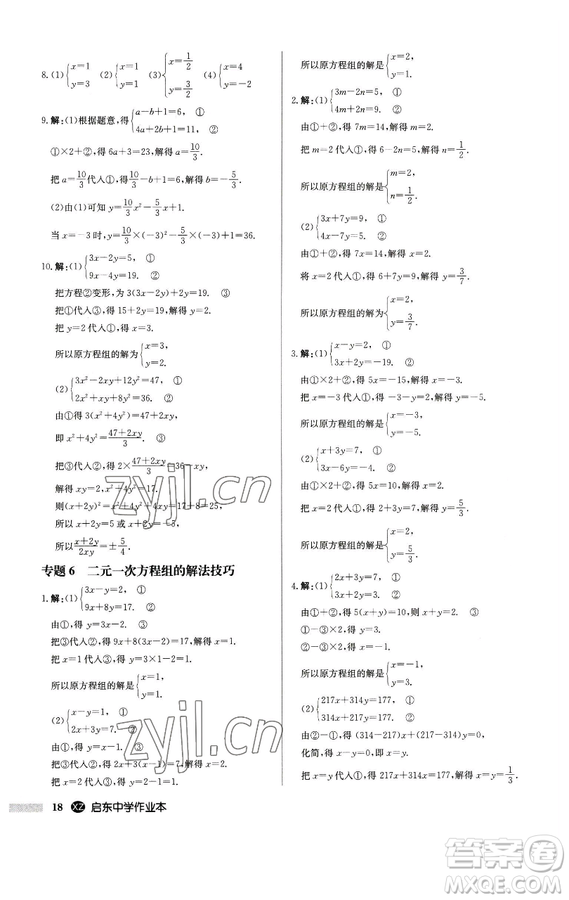 龍門書局2023啟東中學(xué)作業(yè)本七年級下冊數(shù)學(xué)江蘇版徐州專版參考答案