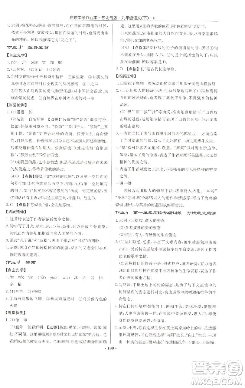 龍門書(shū)局2023啟東中學(xué)作業(yè)本九年級(jí)下冊(cè)語(yǔ)文人教版蘇北專版參考答案