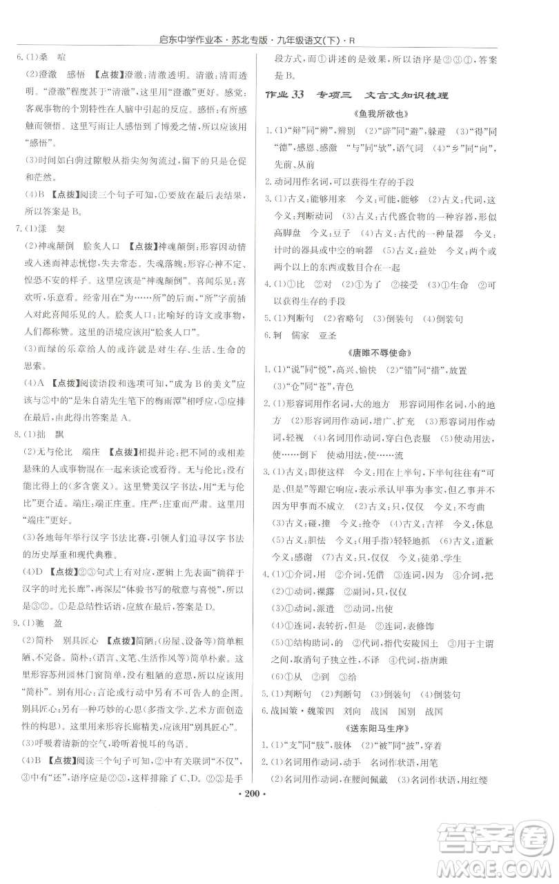 龍門書(shū)局2023啟東中學(xué)作業(yè)本九年級(jí)下冊(cè)語(yǔ)文人教版蘇北專版參考答案