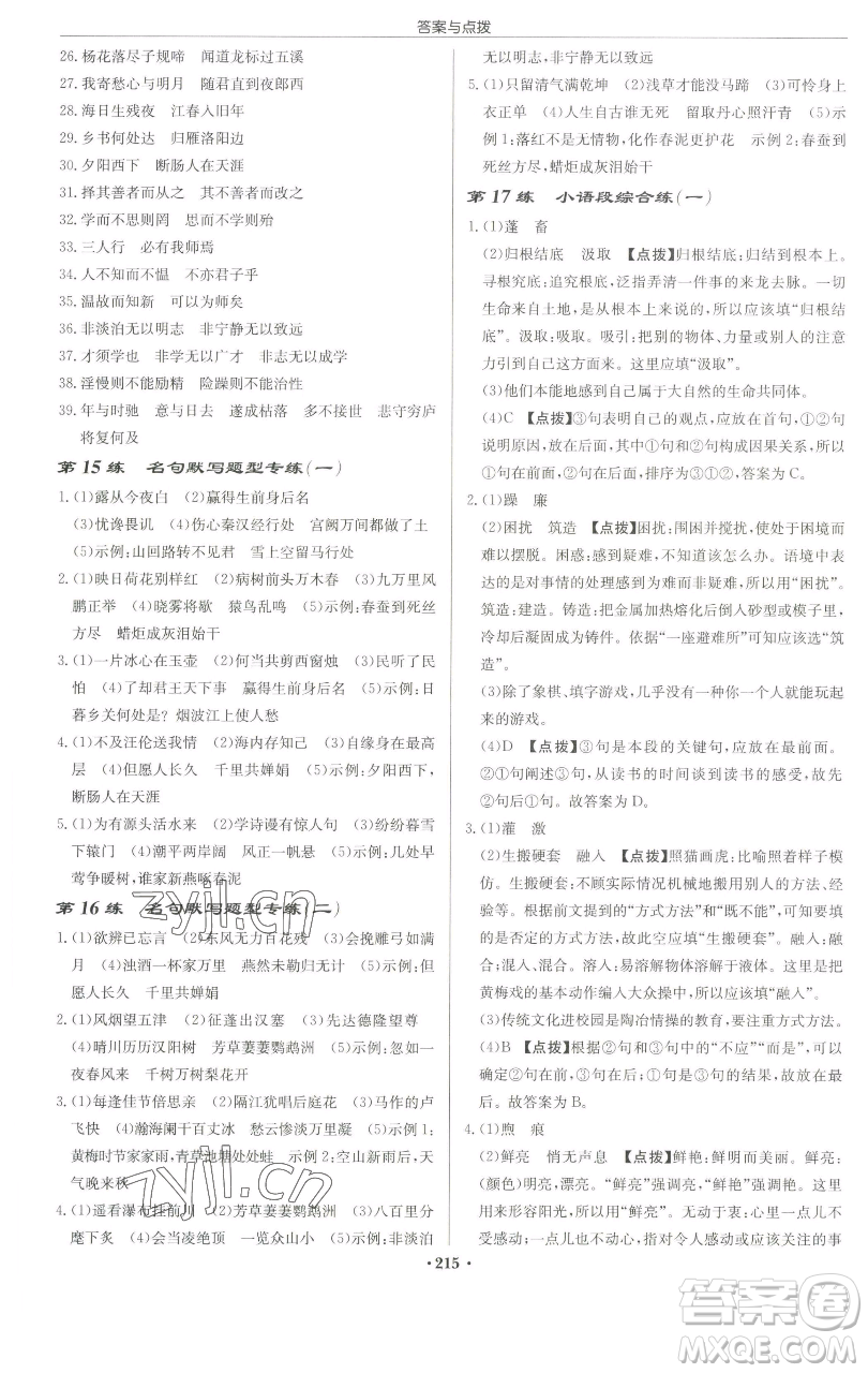 龍門書(shū)局2023啟東中學(xué)作業(yè)本九年級(jí)下冊(cè)語(yǔ)文人教版蘇北專版參考答案