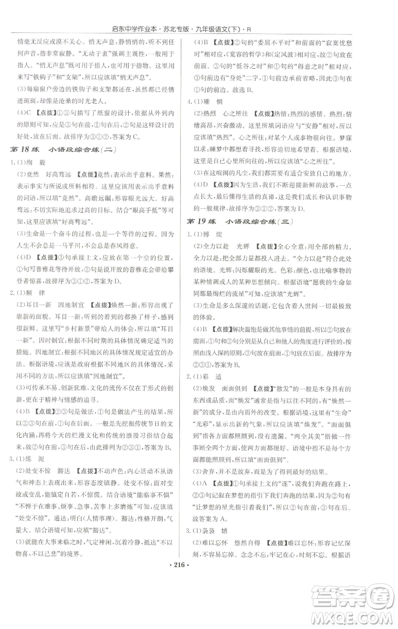 龍門書(shū)局2023啟東中學(xué)作業(yè)本九年級(jí)下冊(cè)語(yǔ)文人教版蘇北專版參考答案