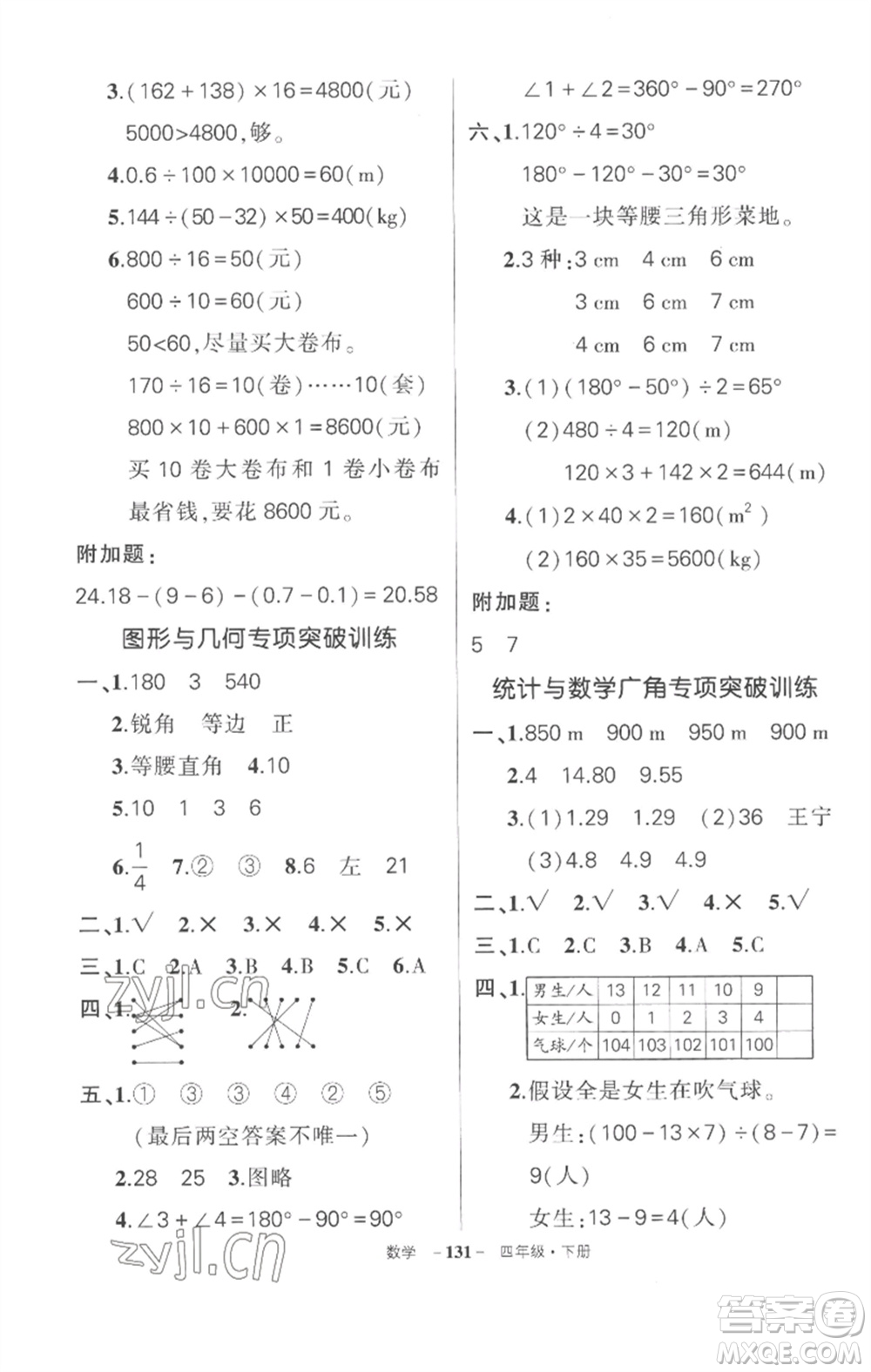 武漢出版社2023狀元成才路創(chuàng)優(yōu)作業(yè)100分四年級(jí)數(shù)學(xué)下冊(cè)人教版湖北專版參考答案