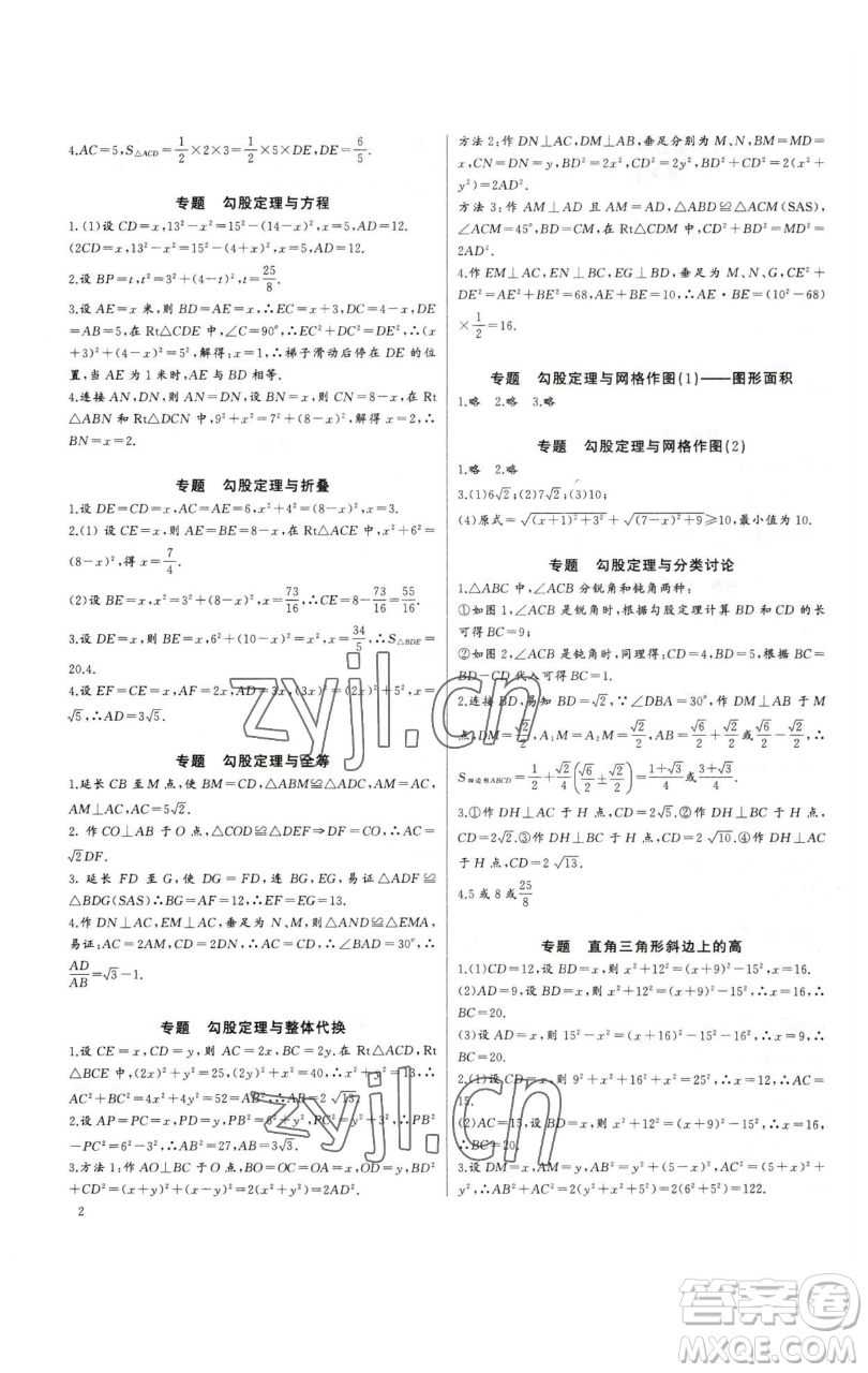 長江少年兒童出版社2023思維新觀察培優(yōu)講練八年級下冊數(shù)學(xué)人教版參考答案