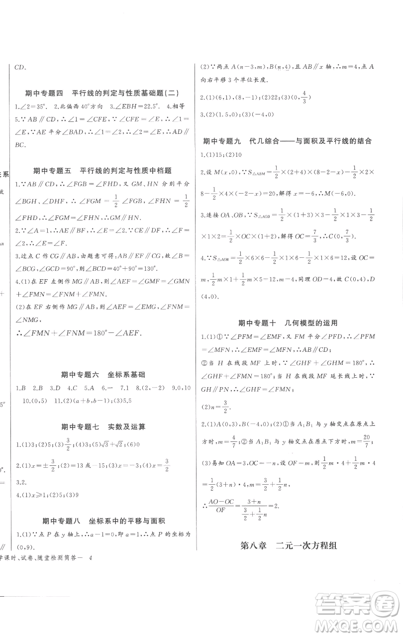 長(zhǎng)江少年兒童出版社2023思維新觀察七年級(jí)下冊(cè)數(shù)學(xué)人教版參考答案