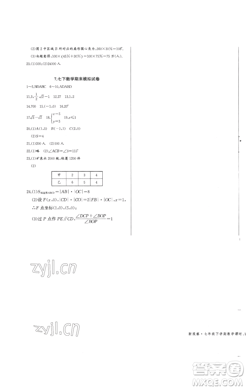 長(zhǎng)江少年兒童出版社2023思維新觀察七年級(jí)下冊(cè)數(shù)學(xué)人教版參考答案