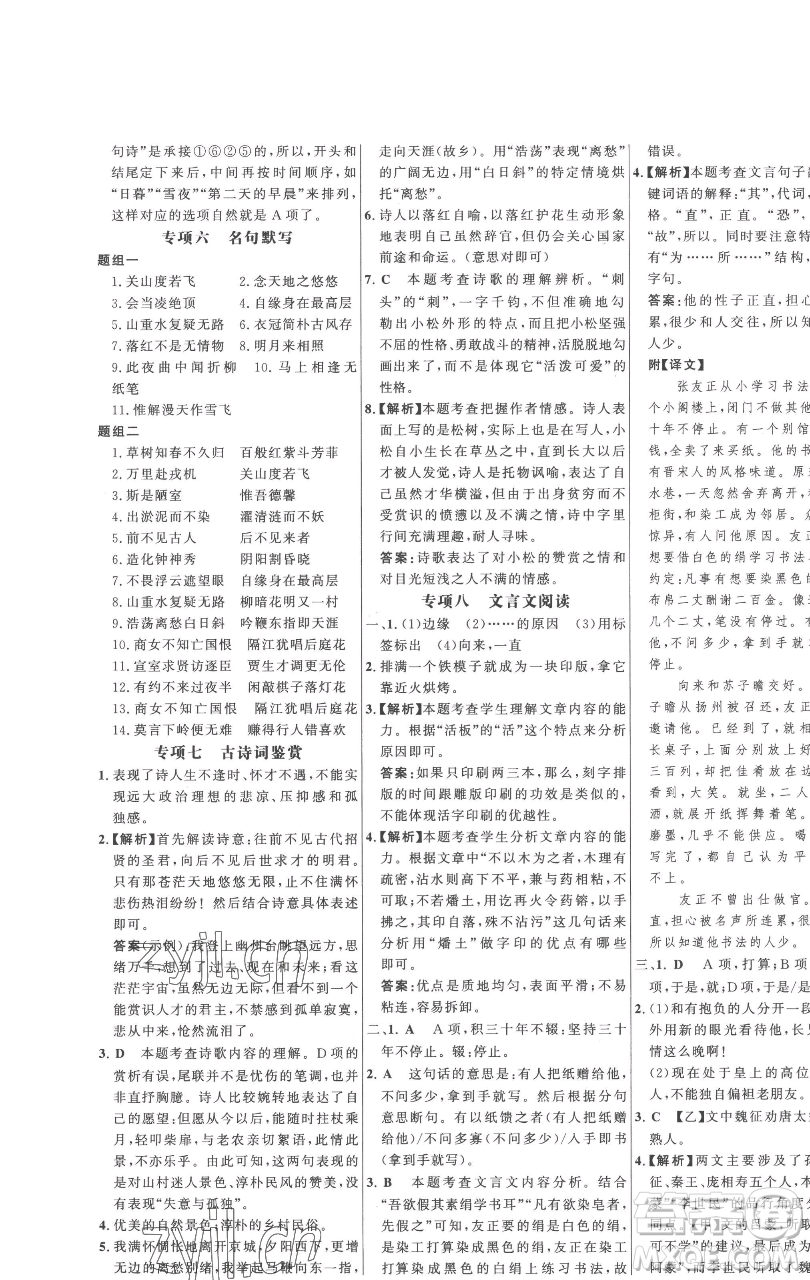 延邊大學(xué)出版社2023世紀金榜百練百勝七年級下冊語文人教版參考答案