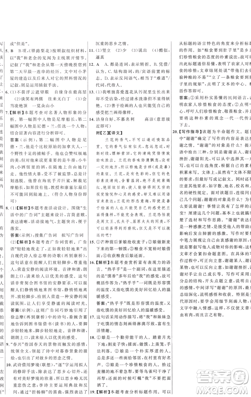 延邊大學(xué)出版社2023世紀金榜百練百勝七年級下冊語文人教版參考答案