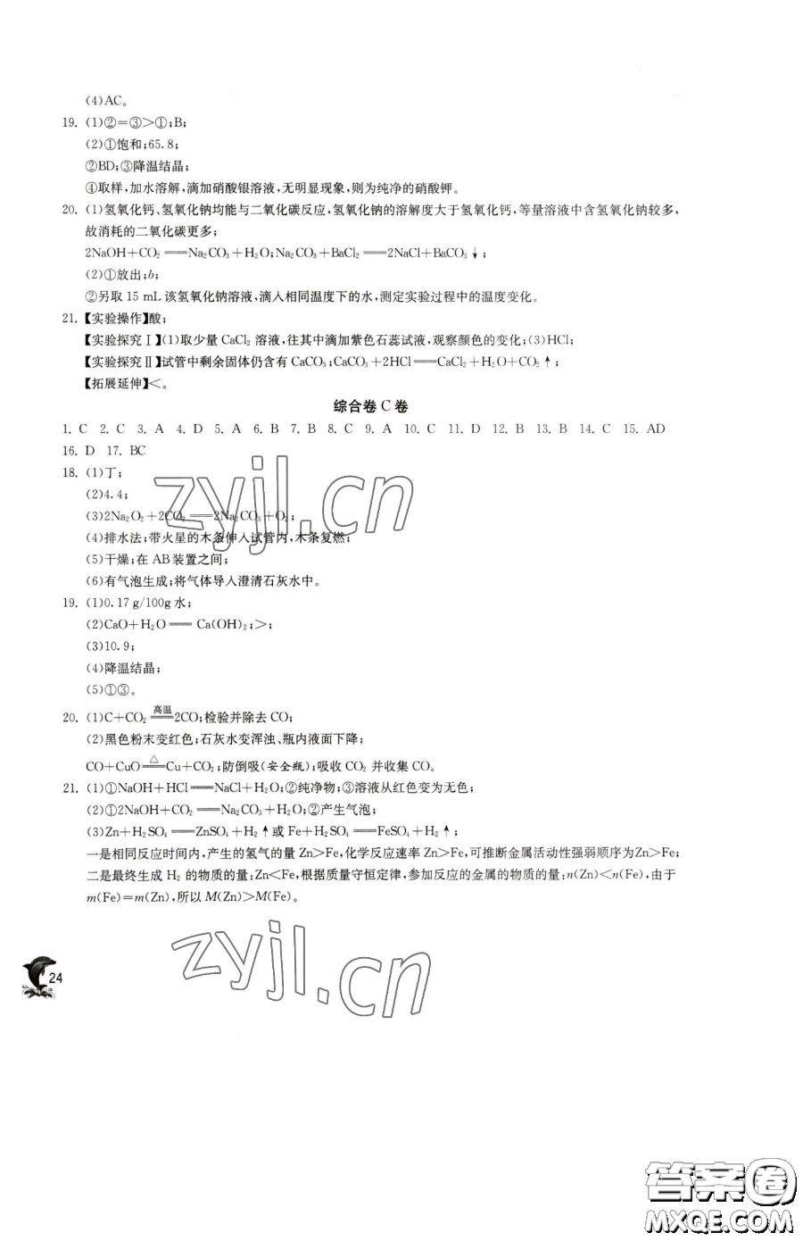 江蘇人民出版社2023實驗班提優(yōu)訓練九年級下冊化學滬教版上海專版參考答案