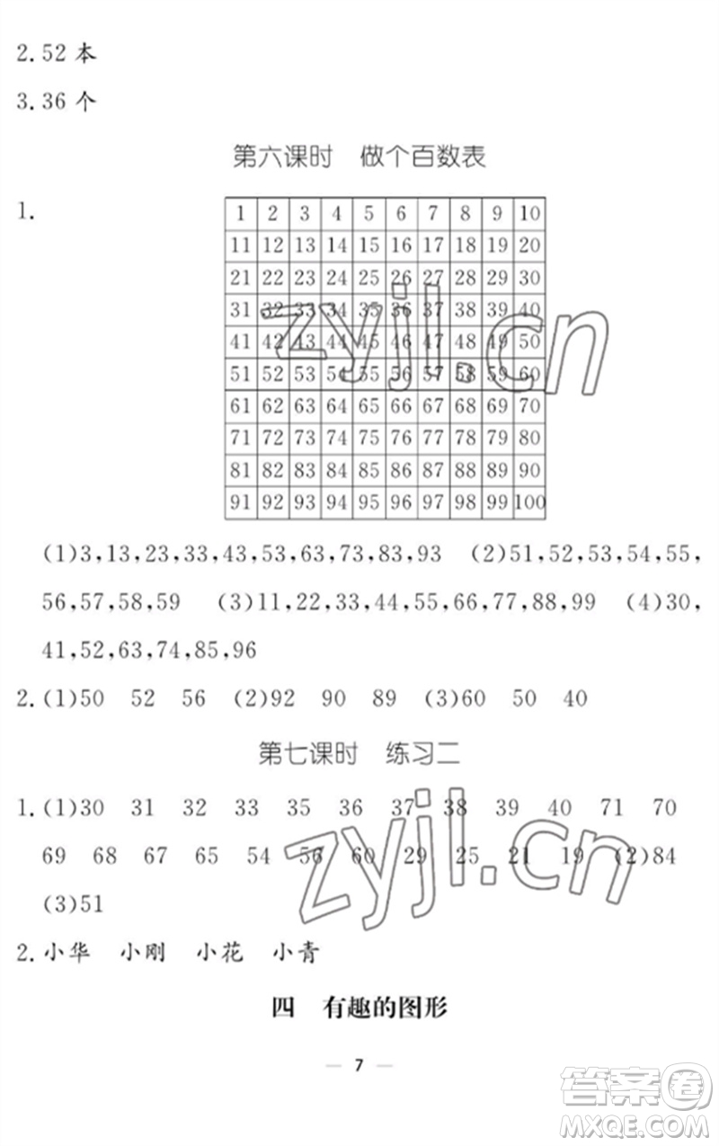 江西教育出版社2023年芝麻開花課堂作業(yè)本一年級數(shù)學下冊北師大版參考答案