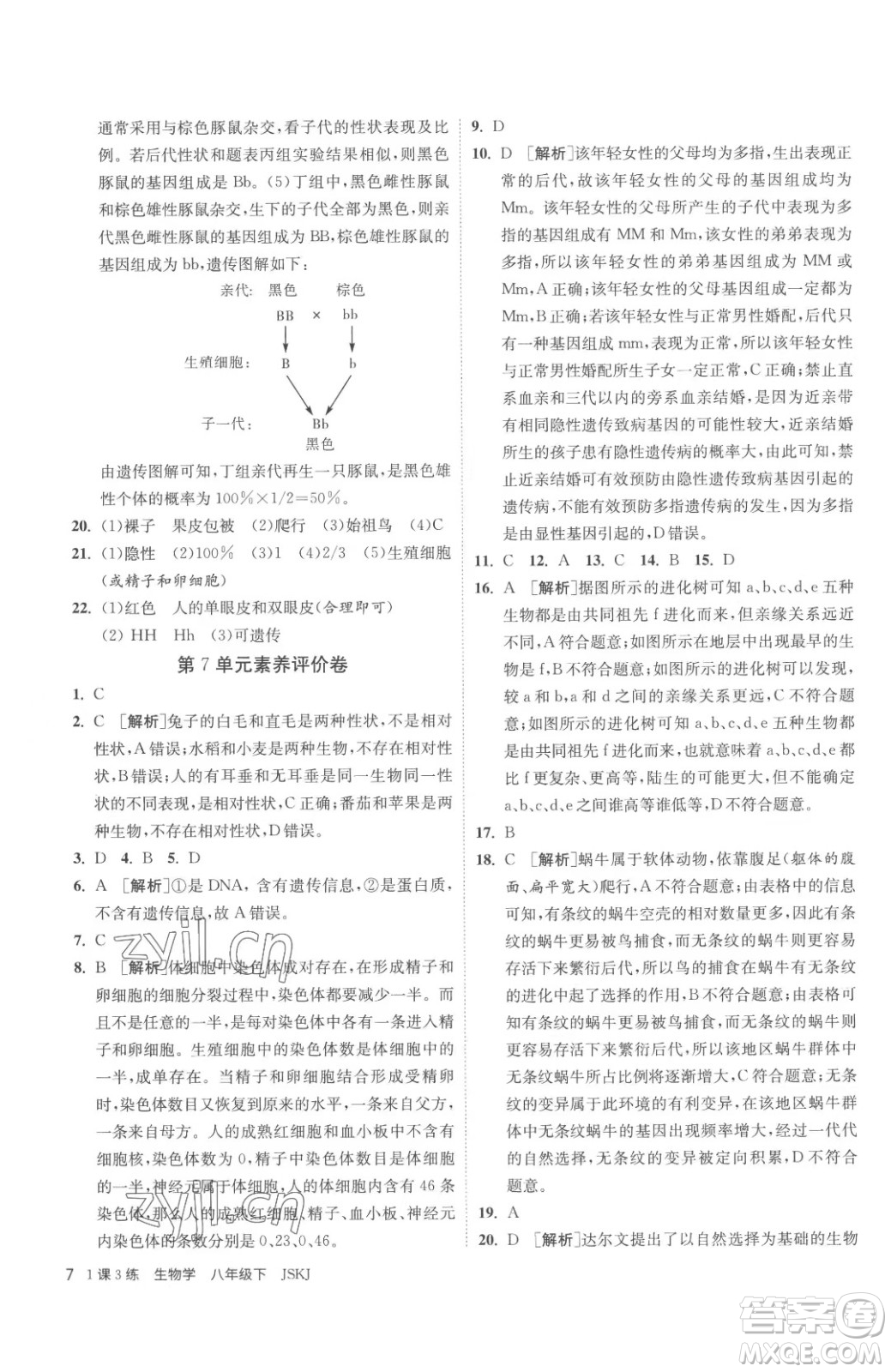 江蘇人民出版社2023春季1課3練單元達(dá)標(biāo)測(cè)試八年級(jí)下冊(cè)生物蘇科版參考答案